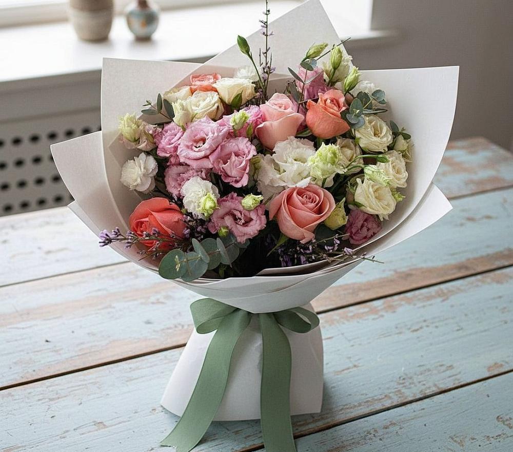 Букет цветов из: Розы, Лизиантусы и Гвоздики в Светлом Томской области