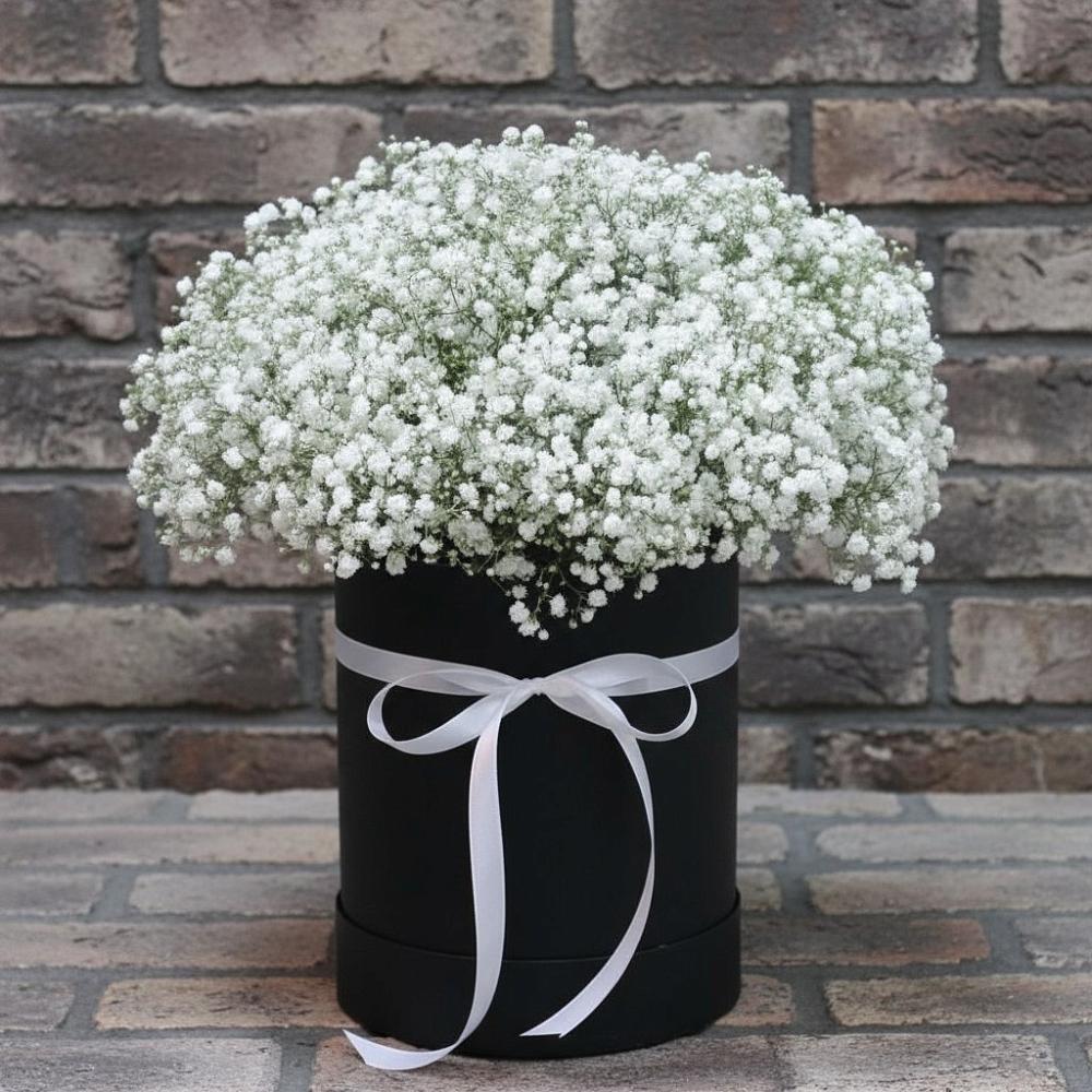 Цветочная композиция из Гипсофила в шляпной коробке в Светлом Томской области