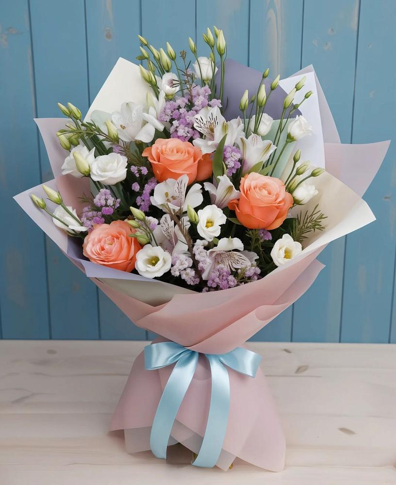 Букет цветов из: Лизиантусы, Розы, Альстромерии и Гипсофила в Светлом Томской области